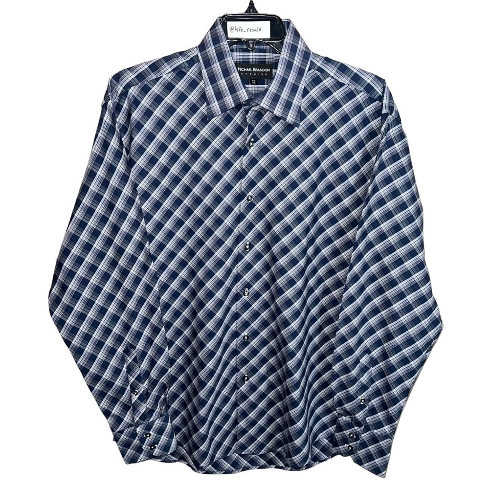 Michael Brandon Shirt Men’s Size L 16.5 Blue Gray Plaid Button Front Checks